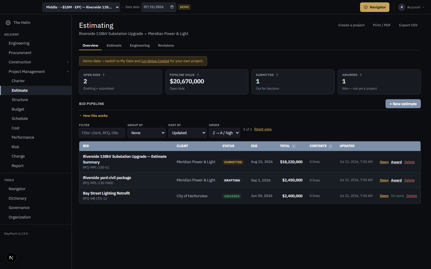 A WayPoint estimating pipeline listing bids with client, status, due date and value.